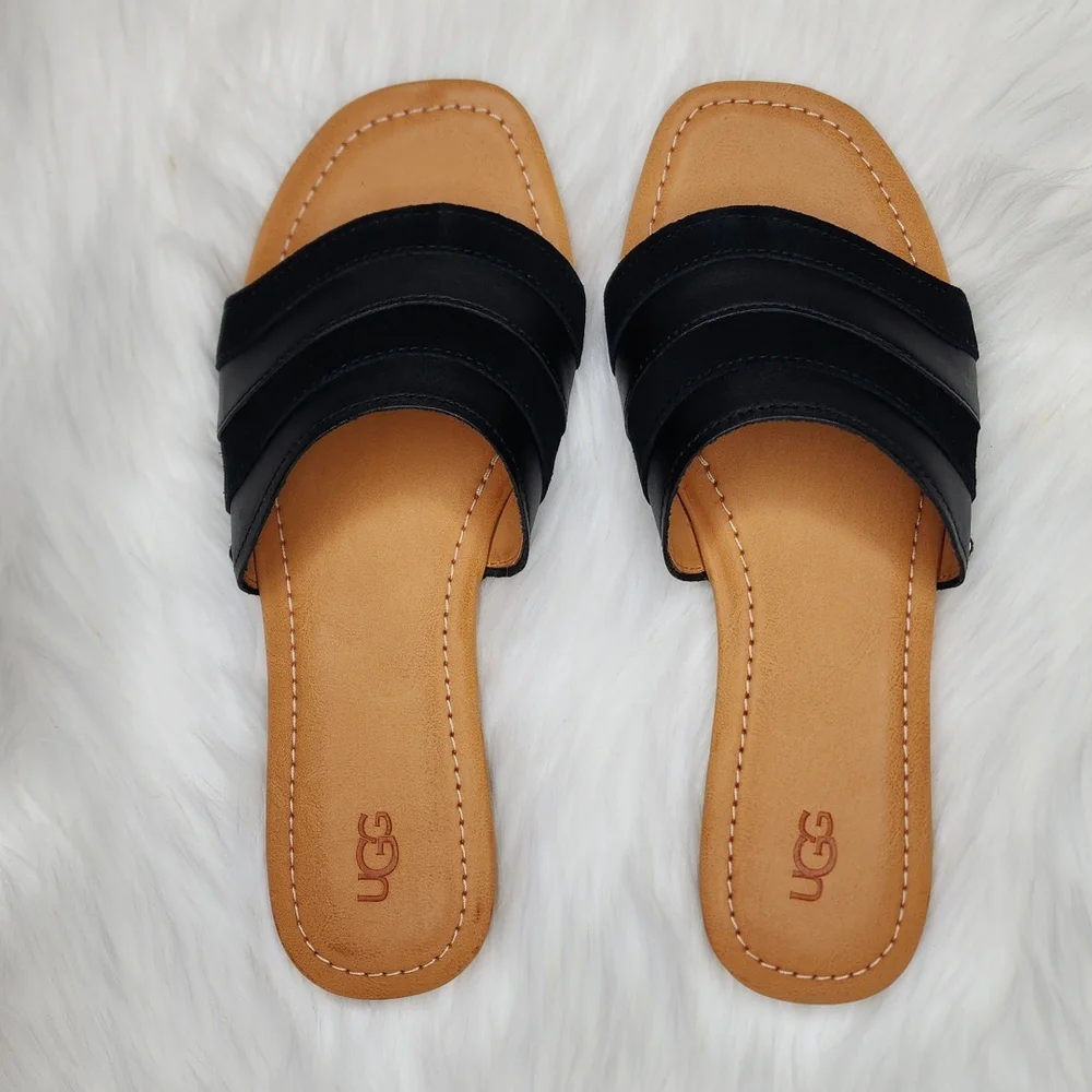 UGG Ximena Slip On Slide Sandals Black Leather